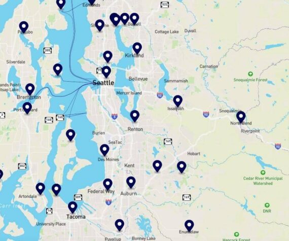 Map of some scheduled protests in the Puget Sound area. (Screenshot courtesy of nokings.org)