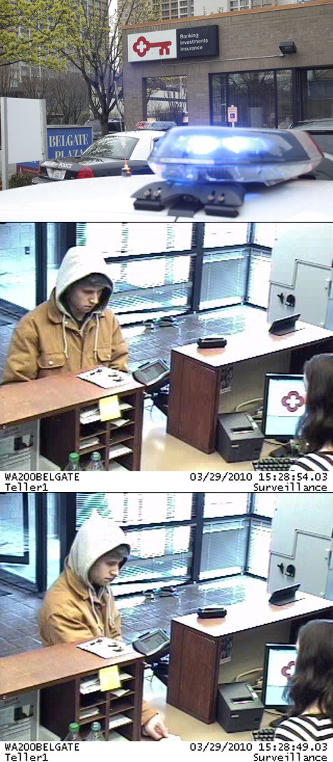 Top: Police cruisers at the Key Bank at 1055 Bellevue Way.  Middle and bottom: The suspect handing a note to the teller demanding money. The man is still at large.