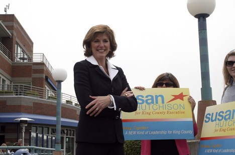 King County Executive candidate Susan Hutchison discussed her policy initiatives aimed at helping small businesses during a press conference at Carillon Point in Kirkland Tuesday. Also pictured is campaign volunteers Selma Robb (center) and Erica Cross.