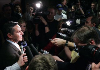 Republican gubernertorial candidate Dino Rossi is interviewed by the media after speaking Tuesday night at a Republican election night party at the Hyatt Regency hotel in Bellevue.