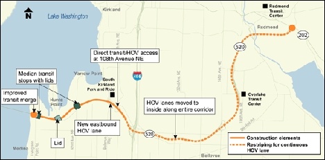 The map above shows changes that WSDOT has in mind for SR 520 on the Eastside.