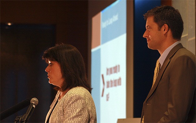 Bellevue Mayor Claudia Balducci and Deputy Mayor Kevin Wallace deliver the State of the City address Tuesday at the Bellevue Club.