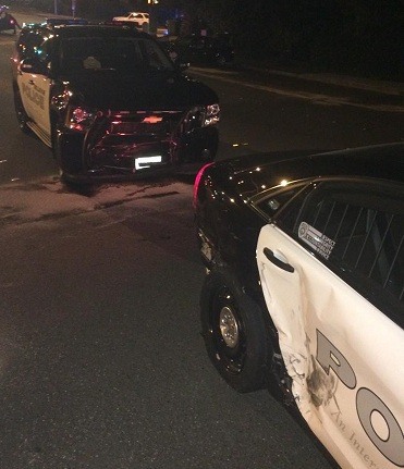 Two officers responding to a backup request in Factoria took a detour to the hospital Monday night after their patrol cars collided with each other and another vehicle in downtown Bellevue.
