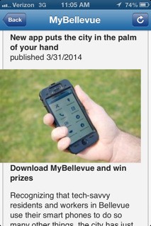 This screenshot shows the city of Bellevue's MyBellevue story as seen on the MyBellevue app for the iPhone.