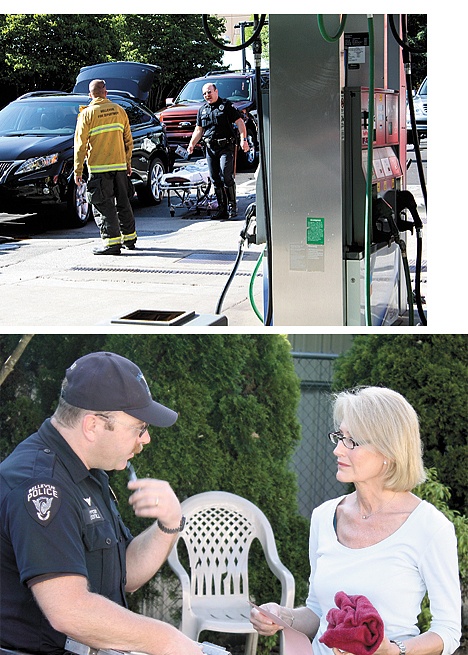 Top photo: Bellevue police and fire officials respond to an accident at a Bellevue car wash Monday. An attendant