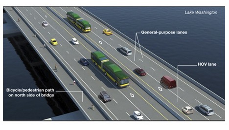 This rendering shows the proposed 520 bridge replacement with six lanes and a bicycle/pedestrian path.