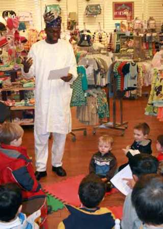Nigerian author Kunle Ogyneye read his children’s book Sikulu & Harambe by the Zambezi River to children at CF Kids at Crossroads Bellevue Mall on Friday
