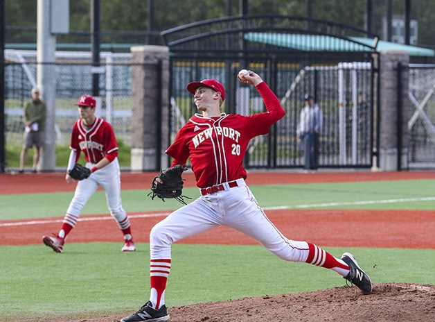 Newport pitcher AJ Block delivers a pitch to the plate against the Eastlake Wolves. Block surrendered just five hits in his team's 3-0 loss to the Eastlake Wolves on April 25.