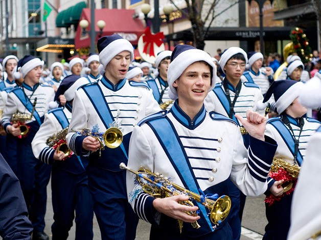 The Interlake High School marching band performs during the Macy's Holiday Parade in downtown Seattle on Friday morning.