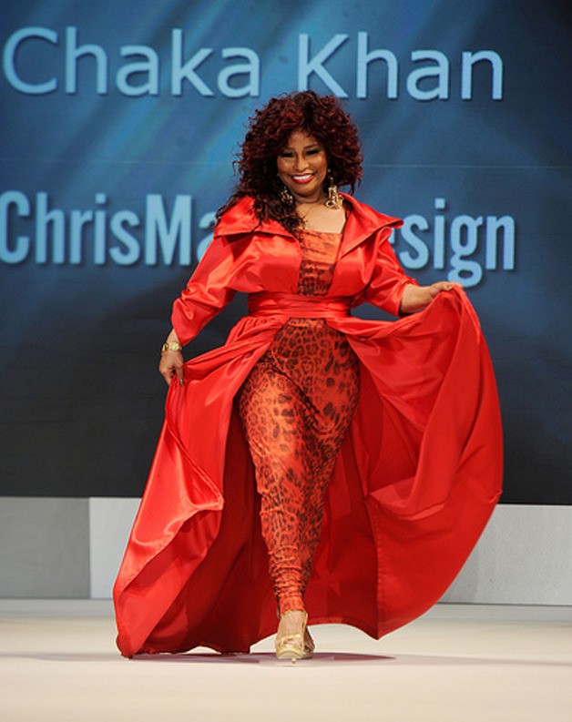Singer Chaka Khan models a dress by designer Chris March. The dress is currently on display at Bellevue Square as part of the Heart Truth Red Dress Collection.