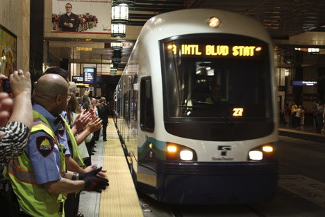 A train approaches the platform at the Westlake Station in downtown Seattle for a preview ride on July 17