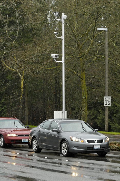 A new red light traffic camera installed at the intersection of 148th Avenue NE and Bel-Red Road in Bellevue on Monday.