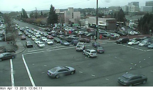 This city of Bellevue traffic camera documents congestion around the newly opened Chick-fil-A restaurant near the corner of Northeast Eighth and 116th Avenue Northeast.
