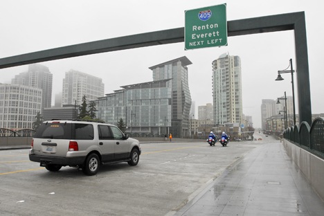 The Northeast 10th Street overpass across Interstate 405 opened in downtown Bellevue on Tuesday.