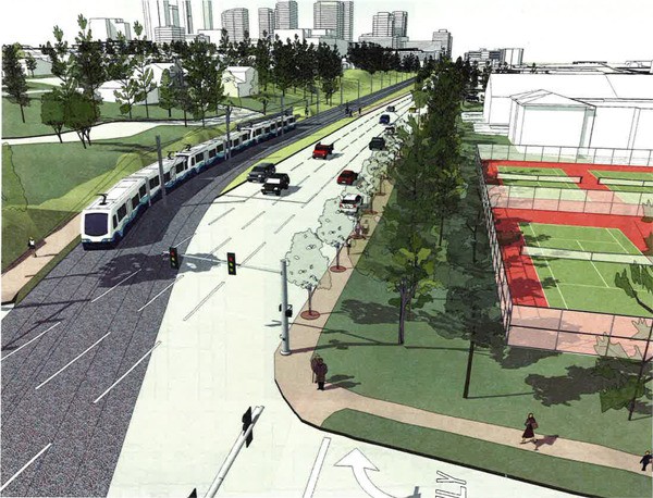 This Sound Transit rendering shows the 112th Avenue alignment that the Sound Transit board chose as its preferred option Thursday. The trains would cross to the west side of 112th Avenue NE