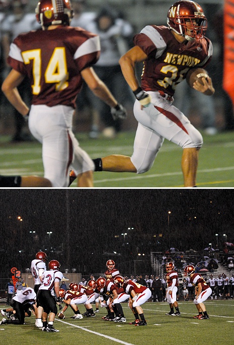 Top: Knights RB Louie Jachim (36) breaks free for a first half touchdown against Eastlake on Friday. Eastlake won 27-14. Bottom: The Knights offense lines up in a downpour of rain.