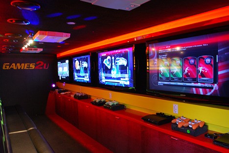 Games2U is a 32-foot-long mobile gaming theater equipped with glowing LED lights