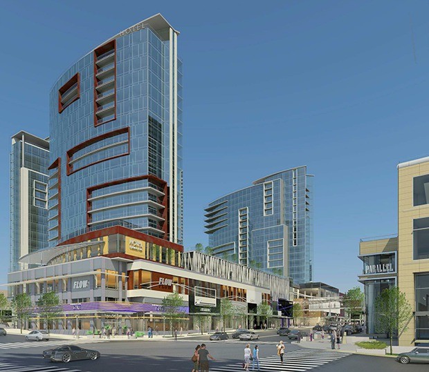 An artistic rendering of what an expansion near the former site of Oriental Rug Co. could look like. The site will include three towers and a retail podium.