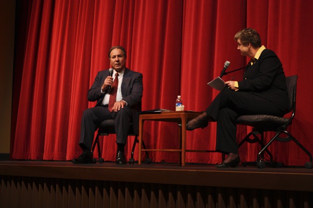 Dr. Alex P. Apostle answers questions asked of him by Director of Communications and Community Engagement Jacque Coe during a community forum held at International High School this morning. Apostle is one of three finalists being considered for the role of Superintendent of the Bellevue School District.