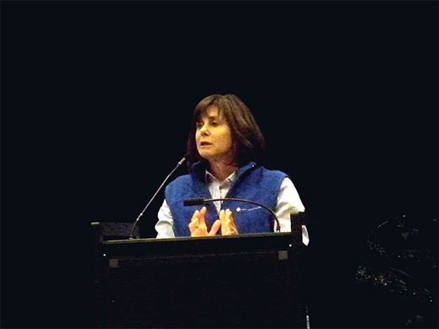 Puget Sound Energy CEO Kimberly Harris speaks to a crowd about transmission line upgrades during the Bellevue Chamber of Commerce Eastside Economic Forecast Breakfast on Wednesday