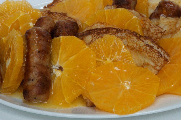 Brunch Crêpes with Sausage and Orange Wheels