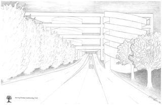 This rendition shows the combined East Link station and park-and-ride proposed by Surrey Downs resident Joseph Rosmann. It shows a four-story structure with Southeast Eight Street (looking east) running below.