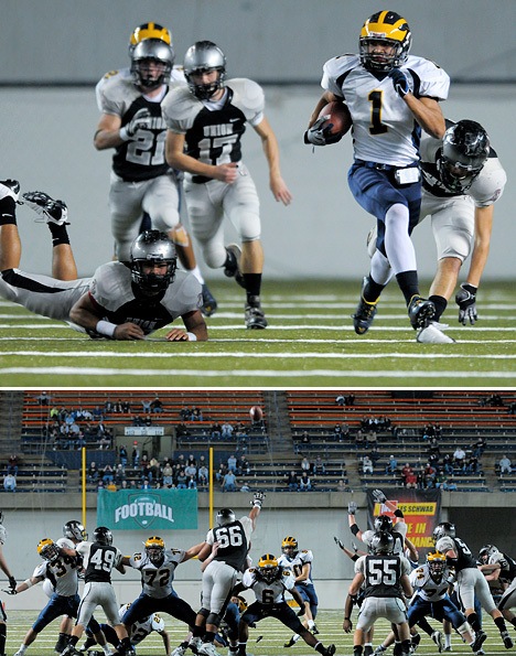 Top: Wolverine KR Brayden Van Ackeren (1) returns the second half kickoff for a touchdown. Bellevue won 19-13 to advance to the 3A state title game next Friday.  Bottom: Wolverine kicker Race Sciabica