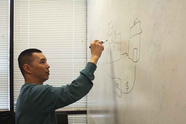 Founder Ed Wen uses a white board wall in his office to illustrate his points in meetings with diagrams.