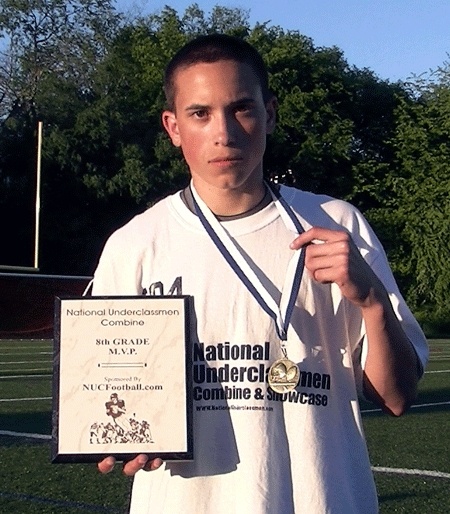 Ari Morales displays the Most Valuable Player award he earned at the National Underclassman Combine for football in Seattle.