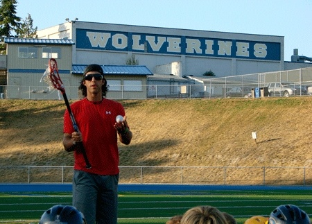 Paul Rabil displays the finer points of the lacrosse shot at Bellevue High School on Tuesday