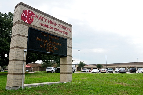 The Katy High School electronic reader board reminds fans and students of the weekend game versus the Bellevue Wolverines in Katy