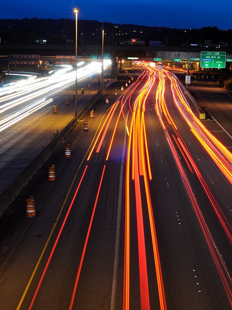 Traffic moves along Interstate 405 in this southbound view from the Northeast 12th Street overpass in Bellevue on Monday. Shot at 5:15 p.m.