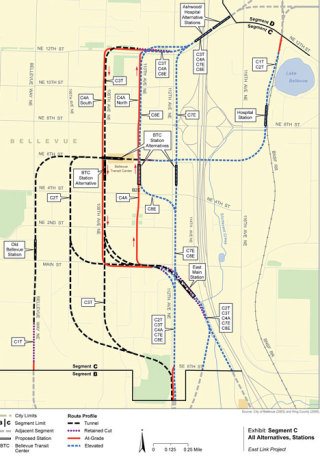 Many light rail routes and stations are possible in the Bellevue area.