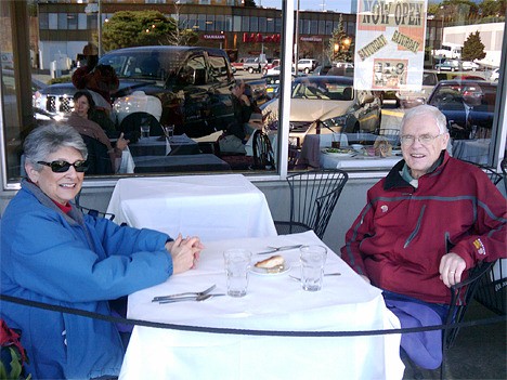 Kirkland residents Helen and Bill Meany enjoy a lunch OUTSIDE at Pogacha restaurant in Bellevue on Feb. 19. Owner Brad Cassidy notes