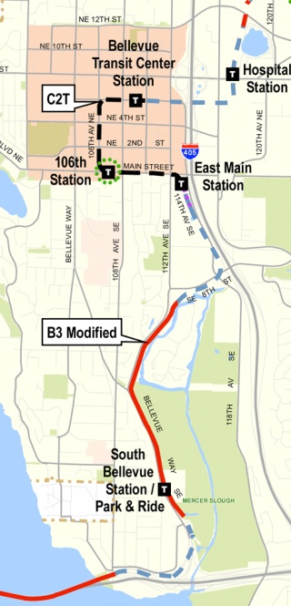 The Bellevue City Council preferred light rail route from I-90 to downtown. The red line represents the light rail line at grade level. The blue dash lines represent where the line would be elevated.