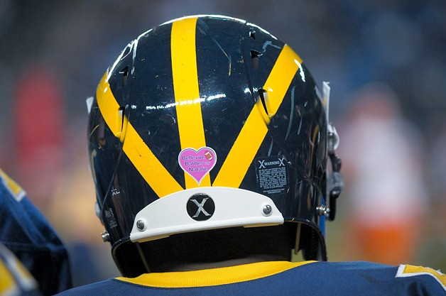 The 'Bellevue Battles for Natalie' pink heart sticker on a Wolverine player's helmet during the 3A state semifinal football game against Lakes at the Tacoma Dome on Friday.