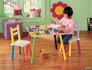 Bright letters and images capture the young imagination. An ABC table and chair Sst gives little ones a special place to write and draw.