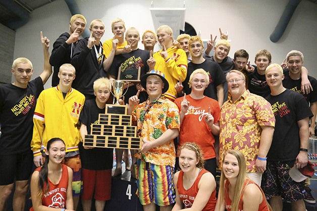 Newport celebrates its team scoring state title after the 4A state swim and dive meet.