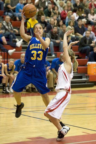 Emilie Gilbert gets some air time on her way past a Mount Si defender. The Wolverines defeated Mount Si Bellevue 67