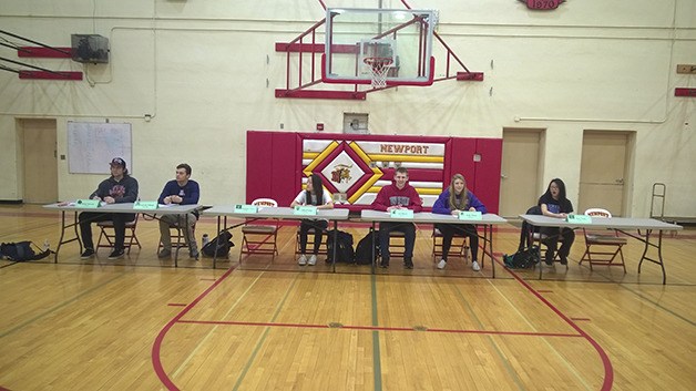 A multitude of senior Newport student-athletes announced where they would play collegiate sports during a signing day ceremony on Feb. 10 at the Newport High School gymnasium.  Athletes moving on to the collegiate athletic level include Dylan Murphy (Central Washington University