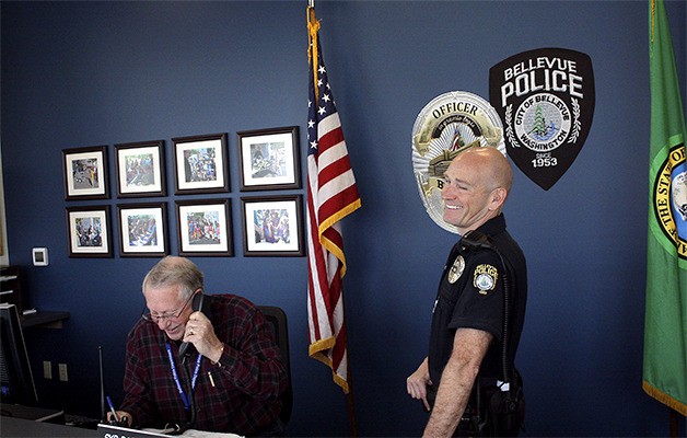 Crossroads police substation volunteer Syd Darlington keeps busy at the department’s new location in the Crossroads Mall. Police Lt. Travis Forbush