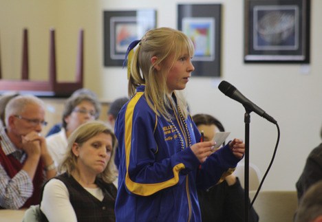 Sally Gordon speaks on behalf of the Bellevue High swim team Tuesday