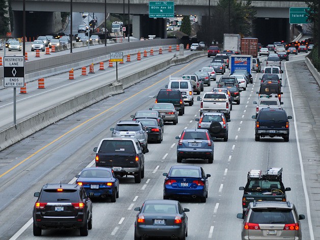 Traffic slows on Interstate 90 westbound across Mercer Island during the morning commute on Tuesday