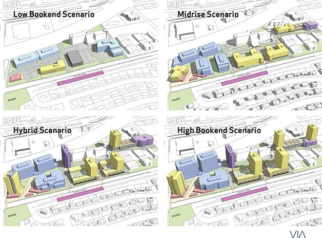 This graphic shows four redevelopment options for the transit-oriented development area around the future East Main Street light rail station