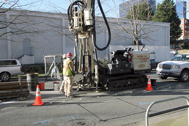 Sound Transit crews drill on 110th Avenue in downtown Bellevue. More fieldwork