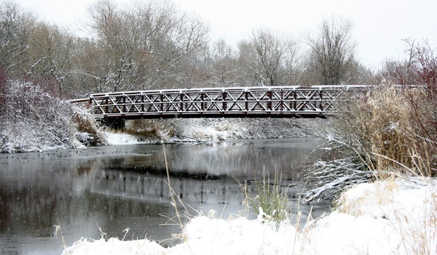 A footbridge across Mercer Slough connects trails that meander through the park. While the snow may be dreadful for drivers