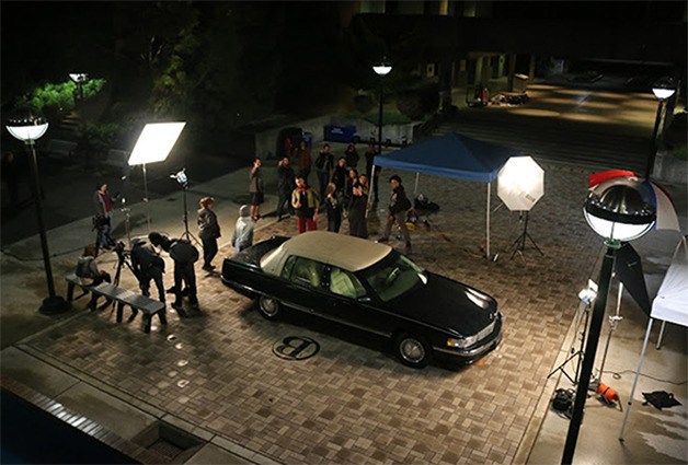 The scene during a night time shoot on Bellevue College’s main campus this summer.
