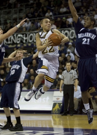 Bellevue junior point guard Aaron Bright leaps to the hoop against Bellarmine prep in the King Holiday Hoopfest on Jan. 19 at the University of Washington.