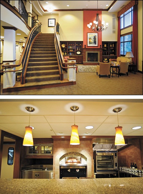 Top: the lobby of Aegis features a fireplace and large stairway. Above: A kitchen and wine bar offers space for relaxing.