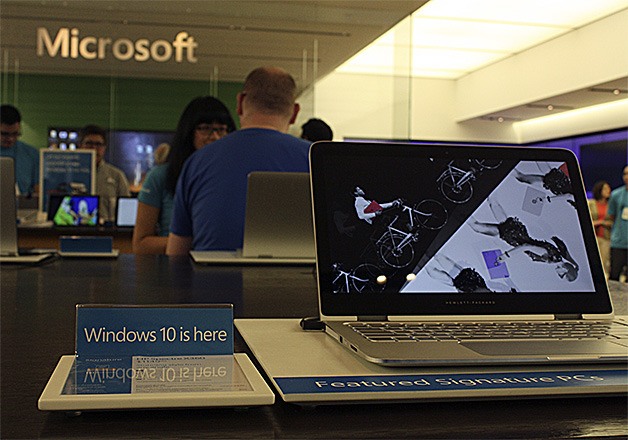 Signs throughout the Microsoft store in Bellevue Square announced the arrival of Windows 10 on July 29.